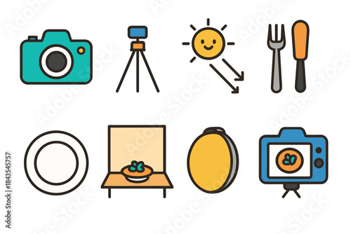 Photography equipment and food icons collection with camera and tripod illustrations