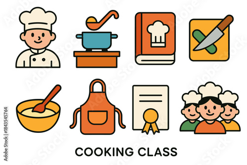Cartoon icons of cooking class with chef and kitchen tools