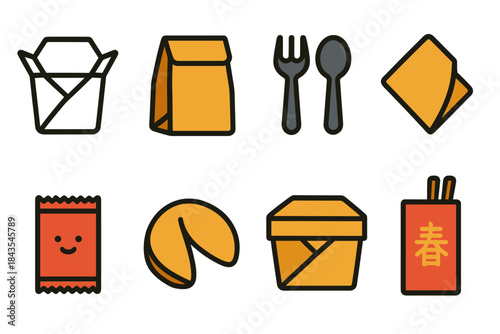 Icon set of chinese takeout symbols: boxes, utensils, fortune cookie, napkins, chopsticks