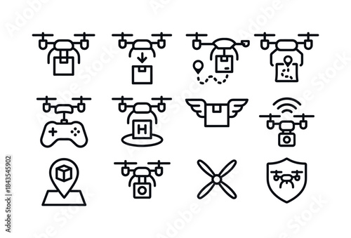 Drone Delivery Icons. Drone delivery services. Line icon set of