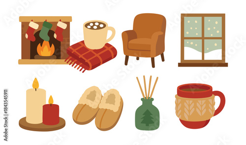 Cozy Winter Scene With Fireplace Armchair And Hot Drinks vector illustration