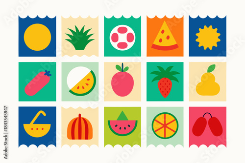 Colorful flat design fruit and food icons collection