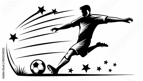 A dynamic soccer player kicks the ball with power and precision