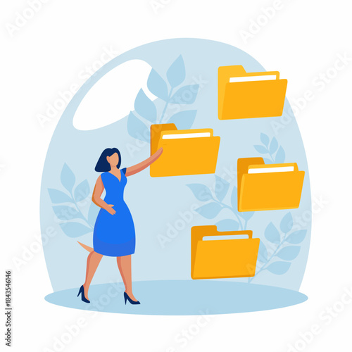 Woman organizing digital files management and data organization concept illustration