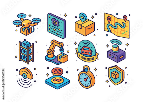 Colorful Autonomous Delivery Icons. autonomous delivery. Colorfu