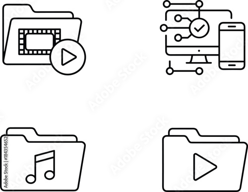 Set of four minimal black and white outline illustrations depicting multimedia management, video playback, audio storage, and interconnected cross-platform technology.