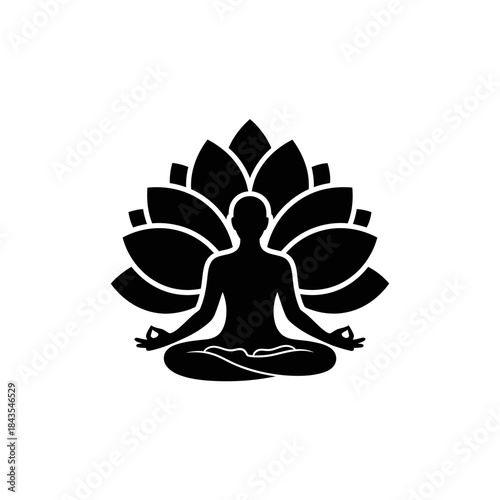 A person meditating in the lotus position with a lotus flower silhouette backdrop