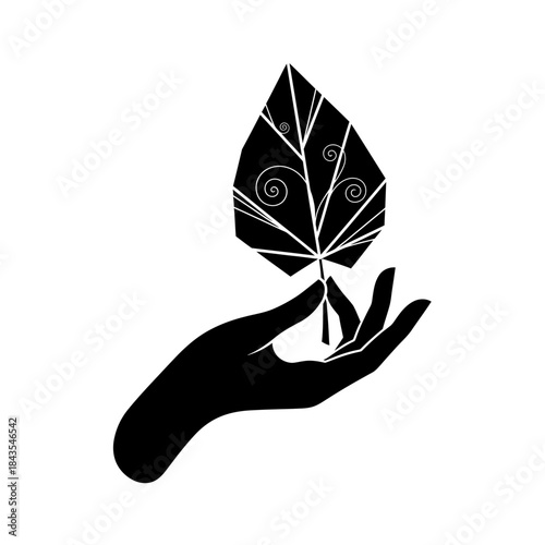 A stylized black and white illustration of a hand gently holding a geometric leaf with intricate patterns