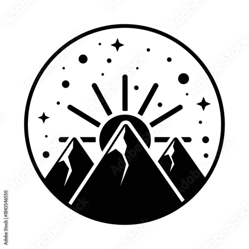 Minimalist mountain landscape design with rising sun and celestial elements in a circle
