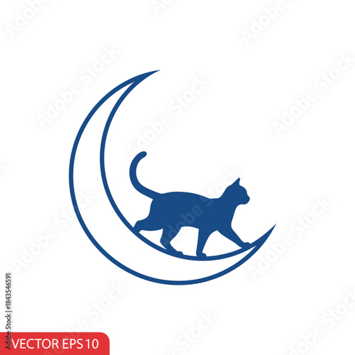A cat silhouette walking along the curve of a minimalist blue crescent moon outline