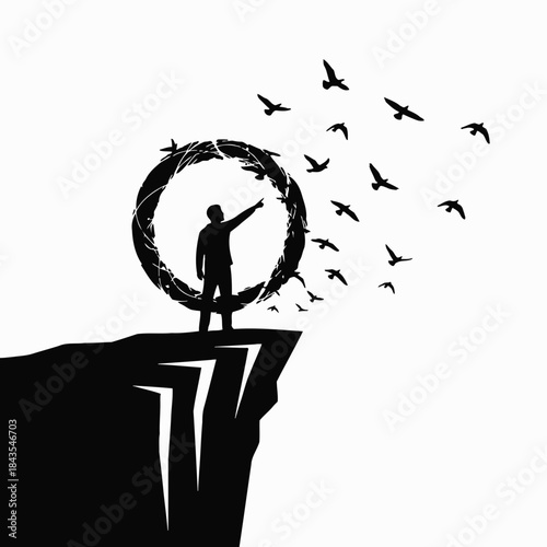 Man standing on cliff pointing to birds flying free from broken circle