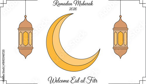 Ramadan mubarak 2026 welcome eid al fitr islamic greeting with crescent