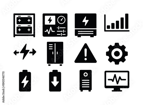 Energy Management Icons. Energy storage system manager. Solid ic