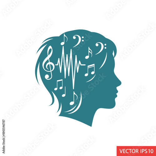 A silhouette head illustration filled with musical notes and sound wave representing creative thought
