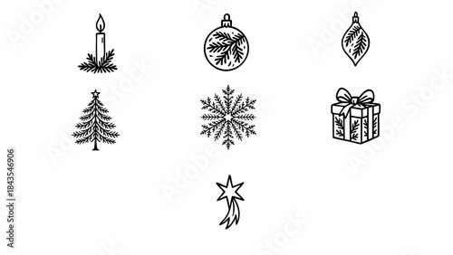 Christmas line art icon set with candle, snowflake and gift