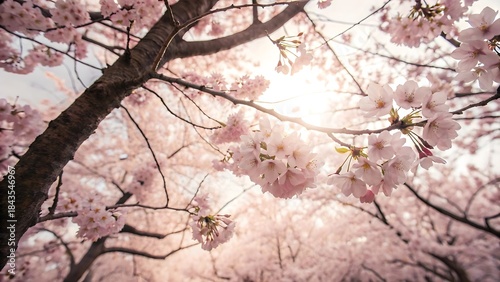 Cherry blossoms bloom under sunlight in a park during spring season