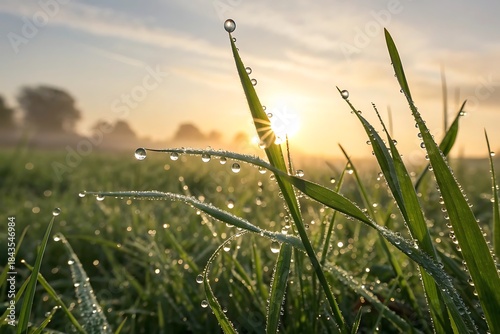Morning dew on grass with sunlight shining in the background near a field at dawn