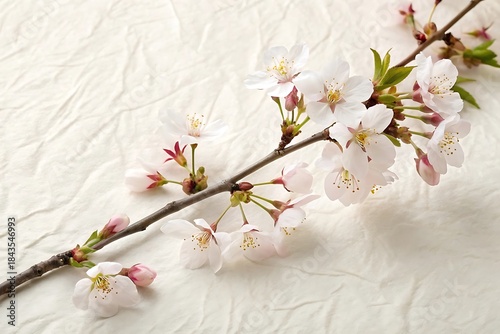 Cherry blossom branch with white flowers and buds on textured background during spring season in a natural setting