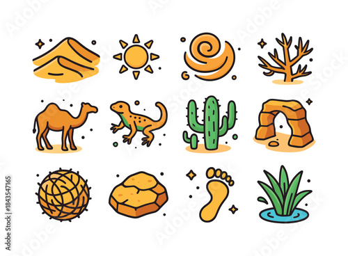 Desert Icons Collection. Desert themes. Colorful isometric vecto