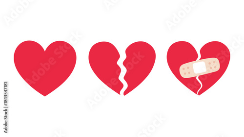 Cartoon heart set, broken heart, and a crack fixed with a bandage. Breakup and heartbreak symbol. Simple flat vector style clip art illustration.
