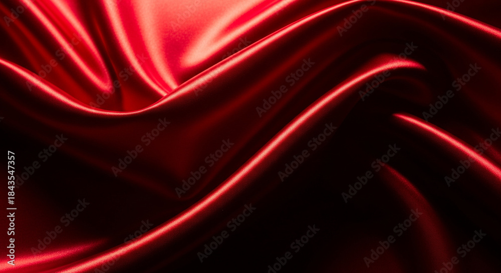 Obraz premium Luxurious red satin fabric with smooth, flowing waves and highlights, creating an elegant and rich texture.