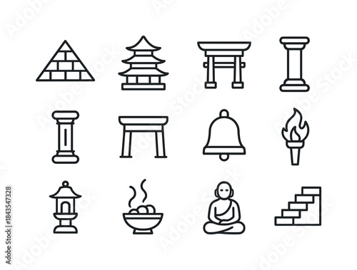 Ancient Temple Icons. Ancient Temples. Line icon set of Ancient