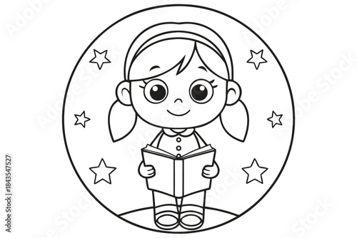 Sweet black and white outline of a girl, kids coloring page, innocent character
