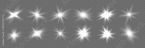 Light glares set. White glowing light flare with soft blurred rays on transparent background. Bright shining burst with smooth gradient illumination and glow effect. Abstract vector illustration.