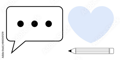 Communication, creativity, emotions, love, design, writing. Minimal speech bubble, pencil light blue heart icon. Communication and creativity concept ideal for design and emotional