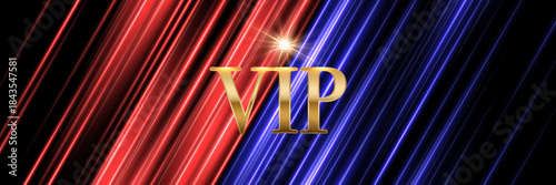 VIP luxury background. Premium pattern with metallic gold text on red and blue glowing diagonal lights. Elegant dynamic vector illustration.