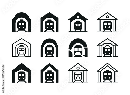 Train Station Logos. Town. Icon set. Set Logo of Town: Train Sta