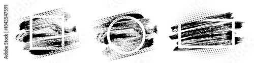 Grunge brush stroke frames with halftone dots in rectangular, circular, and square shapes. Bold black paint texture with abstract splatter for poster or banner. Abstract vector illustrations set.