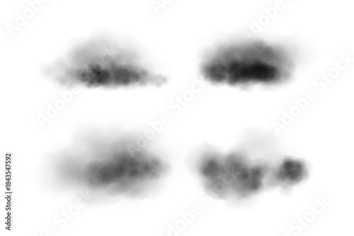 Smoke cloud set with black and gray fog shapes on white background. Realistic vapor texture with different opacity and diffusion levels. Transparent soft atmospheric vector illustration.