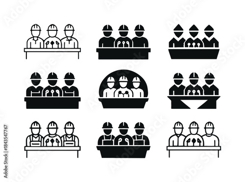 Press Conference Icons. Workers Speaking to the Press. Icon set.
