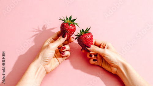 Deux mains de femme tenant chacune une fraise