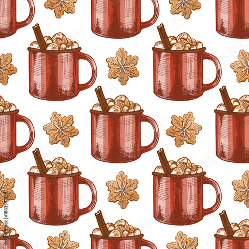 Hand drawn vintage seamless pattern of red enamel mug with hot chocolate, marshmallows and gingerbread cookie in color