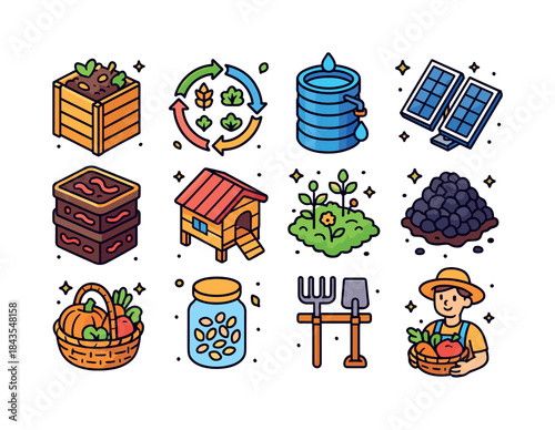 Zero Waste Farm Icons. Zero waste farming. Colorful isometric ve