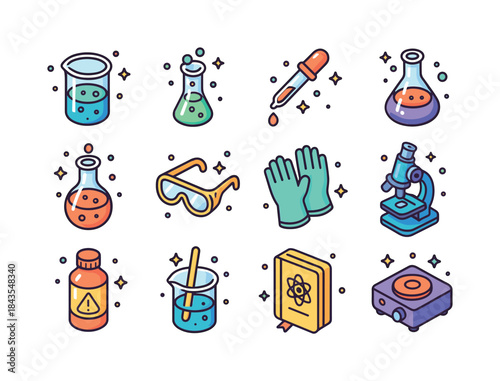 Colorful Chemical Icons. Chemical Experiments. Colorful isometri