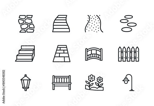 Garden Path Icons. Garden pathways. Line icon set of Garden path