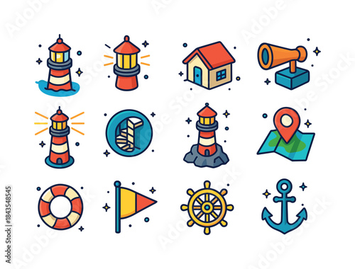 Colorful Lighthouse Icons. Lighthouses. Colorful isometric vecto