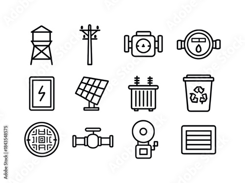 Town Utility Icons. Town Utilities. Line icon set of Town Utilit