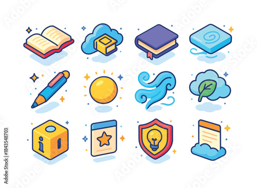 Airy Knowledge Icons. Airy knowledge. Colorful isometric vector