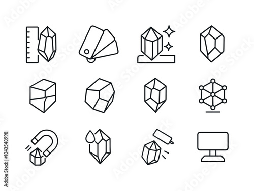 Mineral Icon Set. Mineral Identification. Line icon set of Miner