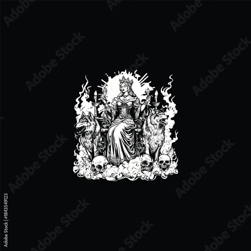 Dark queen sitting on throne with wolves and skulls, mystical occult goddess line art illustration isolated on black background