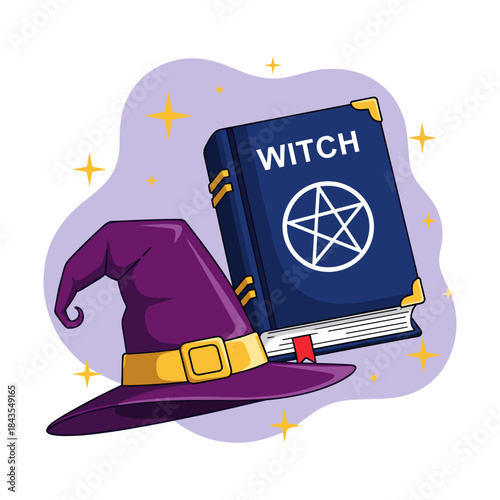 Witch hat and spell book with pentagram symbol