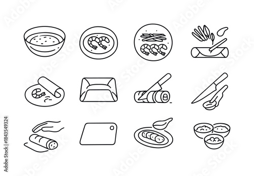 Seafood Roll Icon Set. Seafood Roll Preparation. Line icon set o