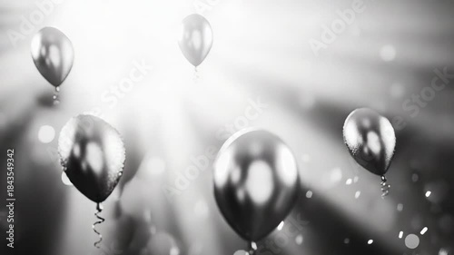 Silver balloons floating with falling confetti and bokeh