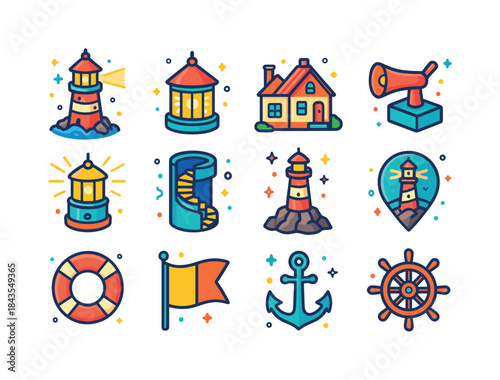 Colorful Lighthouse Icons. Lighthouses. Colorful isometric vecto