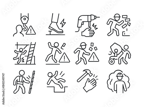 Construction Risk Icons. Construction Site Accidents. Line icon