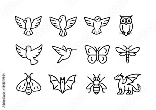 Winged Creature Icons. Winged Creatures. Line icon set of Winged